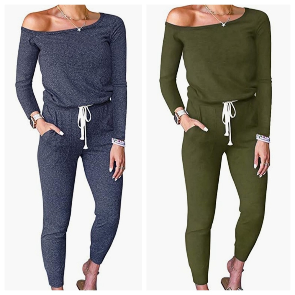 BUNDLE OF 2 Off the Shoulder Drawstring Waist One Piece Jogger Jumpsuits…